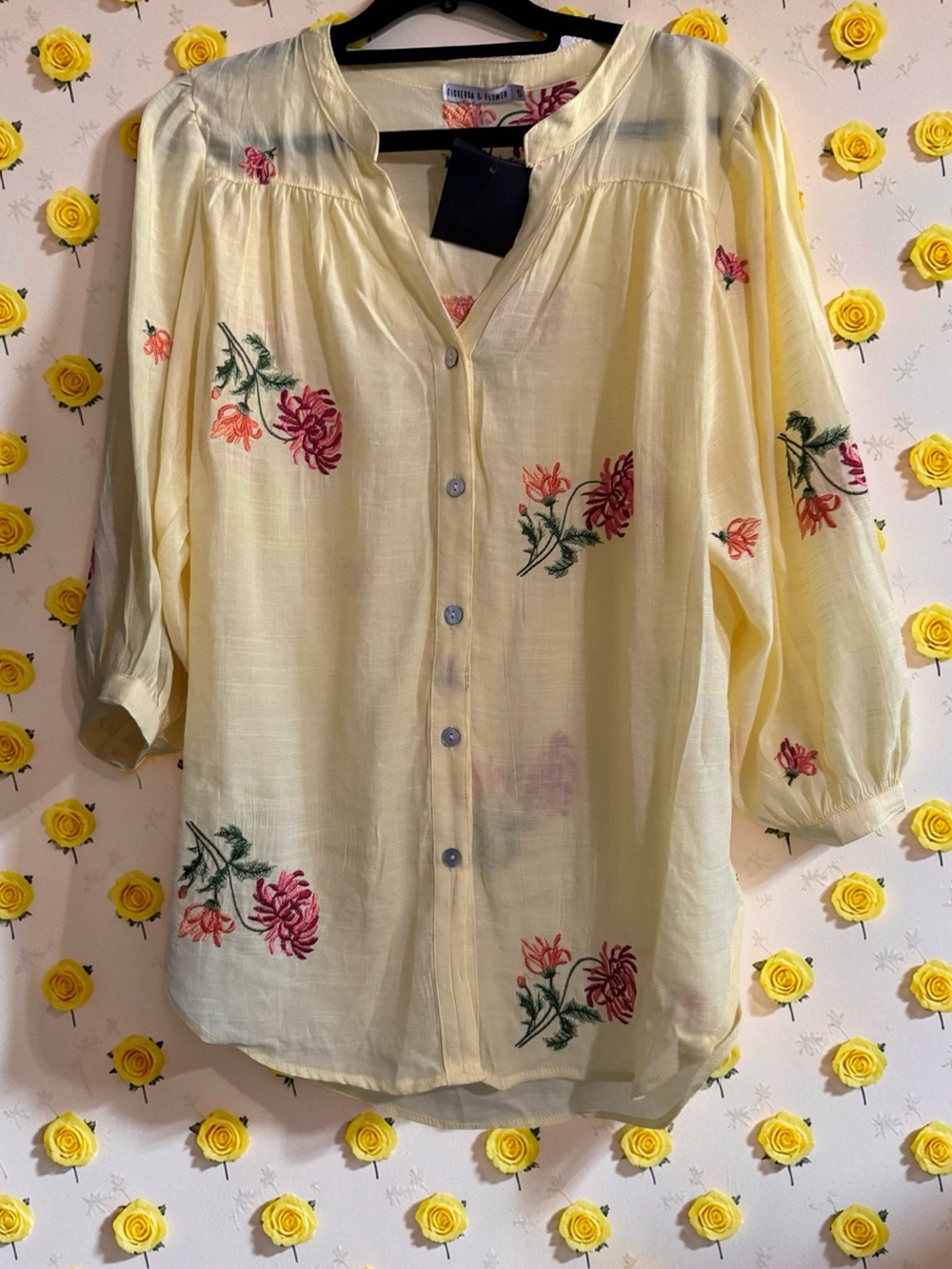 Anthropologie Soft Yellow Floral embroidered Button-Front pop over Blouse🌻